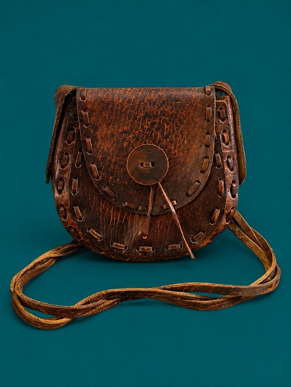 VTG 1970s Brazilian Leather Rustic Boho Braided Strap Saddle Bag